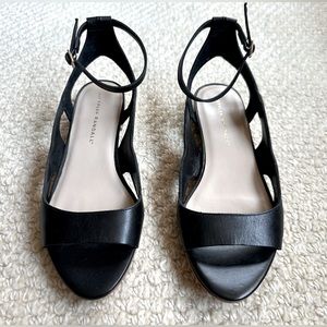 Loeffler Randall, NEW black flat leather sandals, ankle strap, size 7